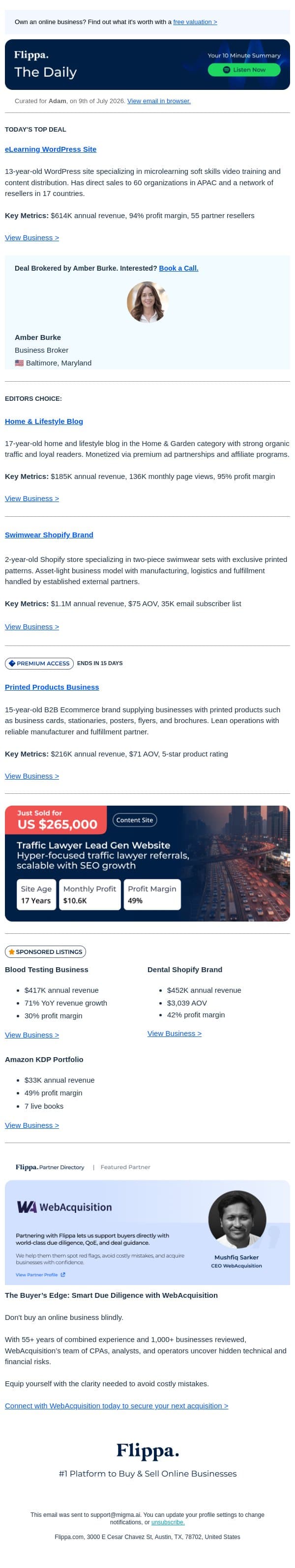 13-Yr eLearning Site + $1.1M Swimwear Brand + Connect with WebAcquisition email from Flippa screenshot