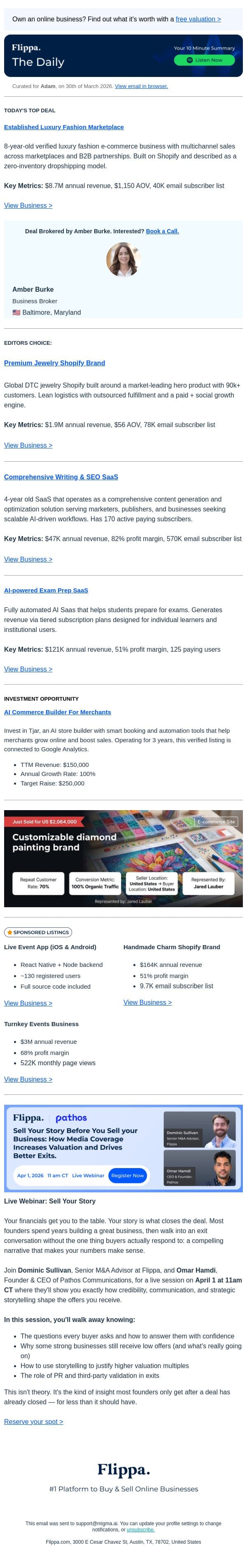 $8.7M annual rev Luxury Fashion Marketplace email from Flippa screenshot
