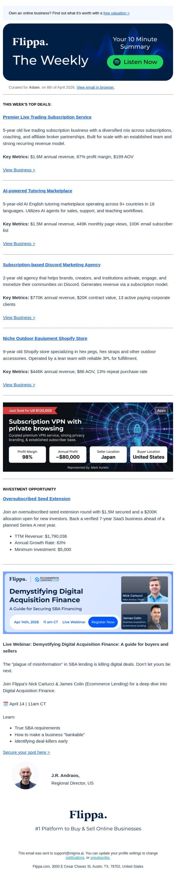 This Week's Top Deals including a Live Trading Subscription Service and more. email from Flippa screenshot