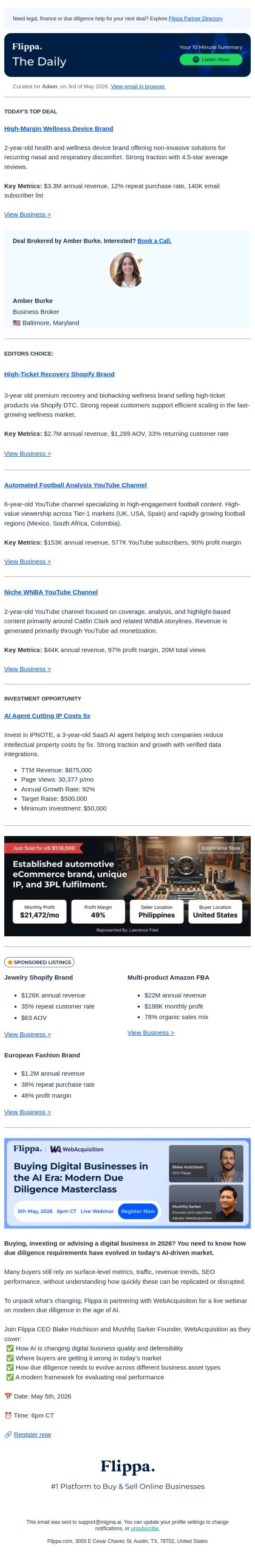 90% Profit Margin Football Analysis YT Channel + $3.3M Wellness Device Brand + High Ticket Recovery Brand email from Flippa screenshot