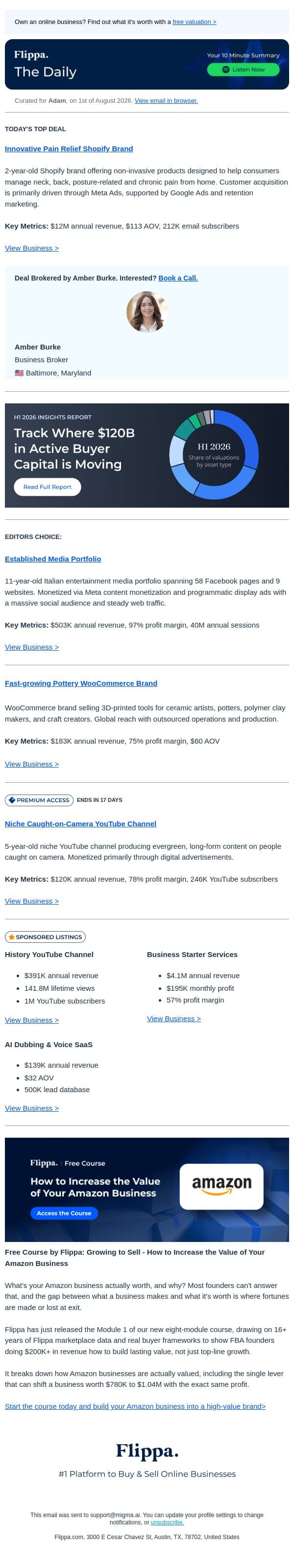 $12M Annual Revenue Pain Relief Shopify Brand + More email from Flippa screenshot