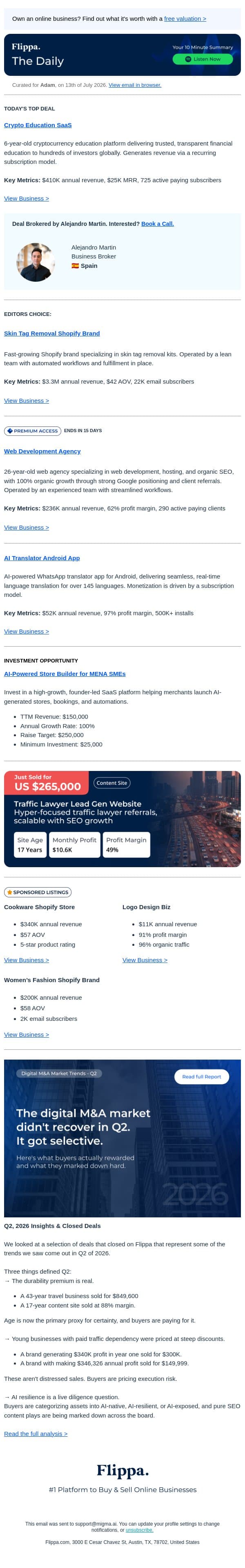 $25K MRR Crypto SaaS + 97% Margin Translator App + $3.3M Derma Brand email from Flippa screenshot