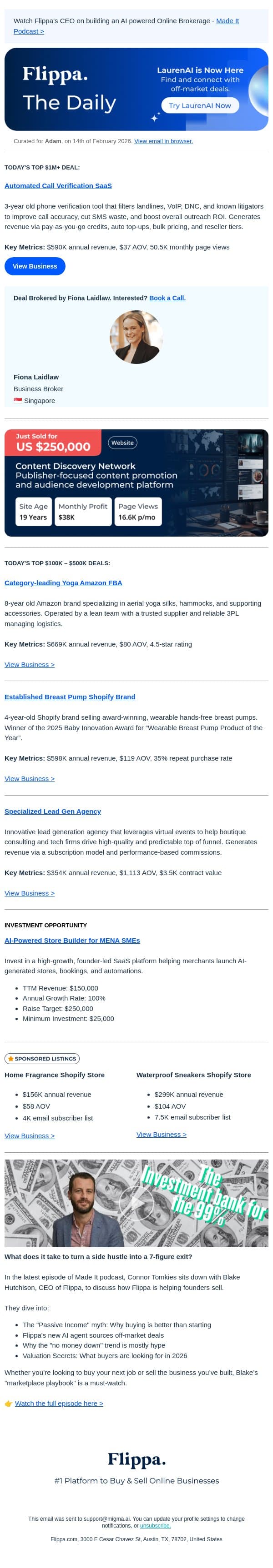 Award-Winning Shopify Brand + $590K Verification SaaS email from Flippa screenshot