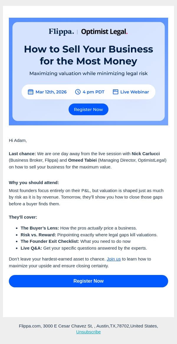 Reminder: Live Webinar Tomorrow email from Flippa screenshot