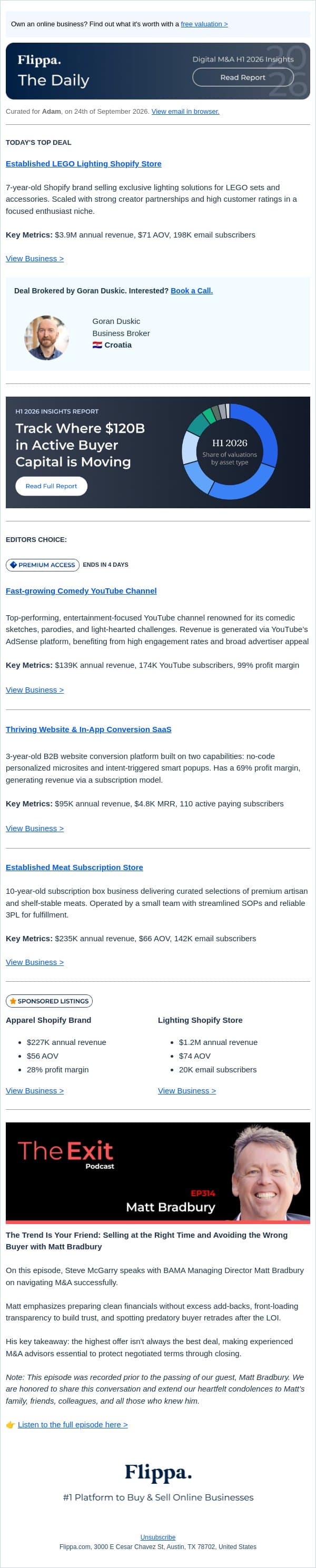 $3.9M LEGO Lighting Store + 174K Subs Comedy Channel + $4.8K MRR Conversion SaaS + 10-Yr Meat Subscription Store email from Flippa screenshot