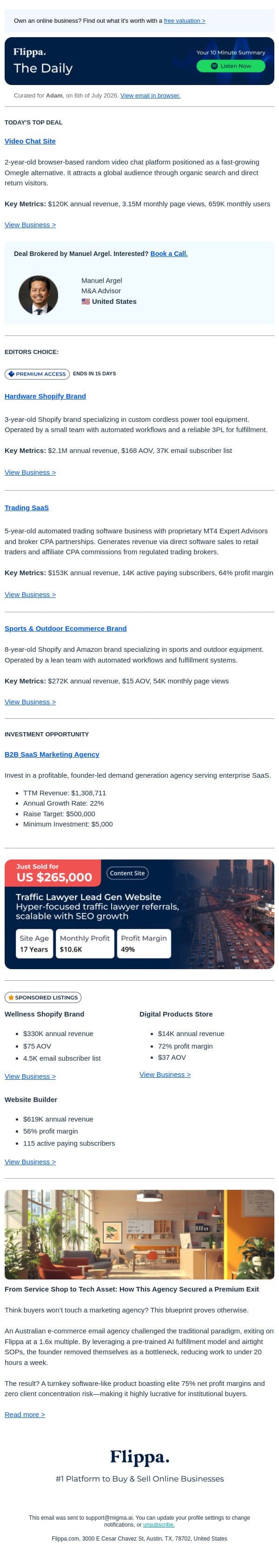 $2.1M Hardware Brand + 3M Monthly Views Video Chat Site + 64% Margin Trading SaaS email from Flippa screenshot