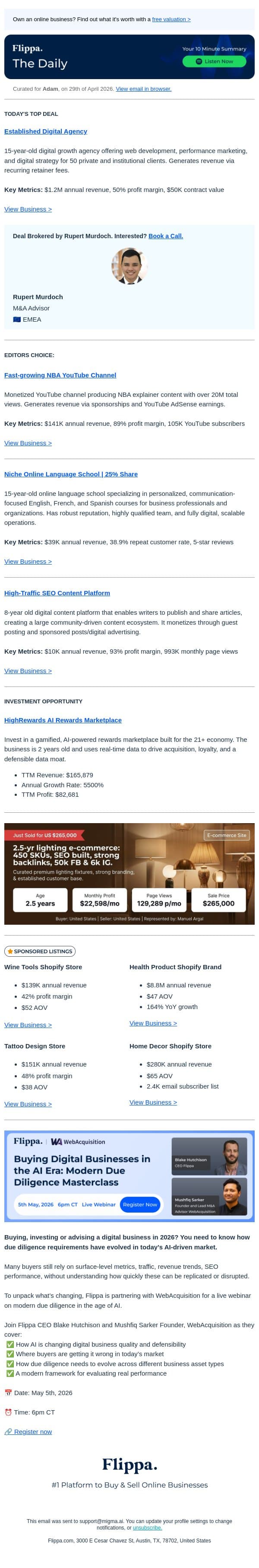$1.2M Annual Rev Agency + 993K Page Views SEO Site + NBA YT Channel email from Flippa screenshot
