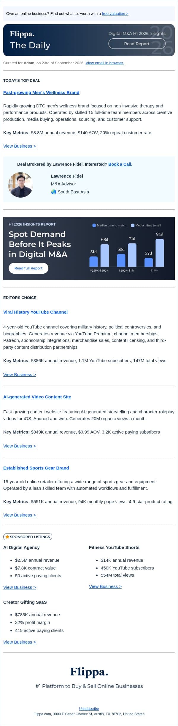 $8.8M Men's Wellness Brand + 1.1M Subs History Channel + 4.9-Star Sports Gear Brand + AI Video Content Site email from Flippa screenshot