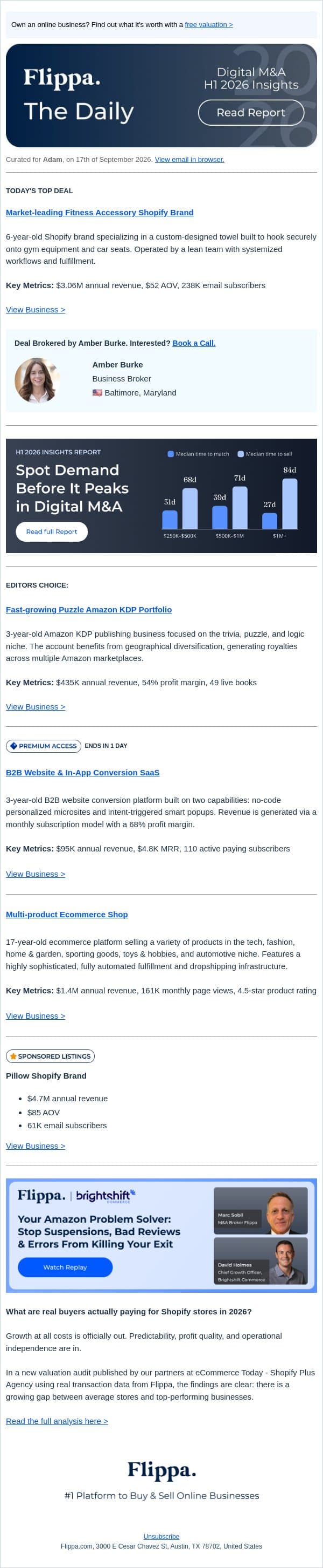 $3.06M Fitness Brand + $4.8K MRR Website Conversion SaaS + 54% Margin Puzzle KDP Portfolio + 4.5-Star Multi-product Shop email from Flippa screenshot