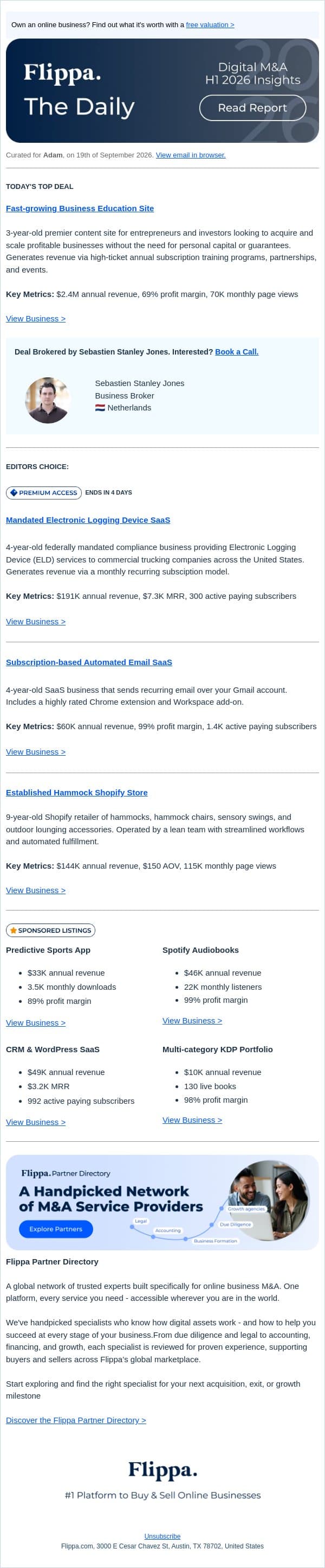 $2.4M Biz Education Site + $7.3K MRR Electronic Logging SaaS + 99% Margin Automated Email SaaS + 9-Yr Hammock Store email from Flippa screenshot