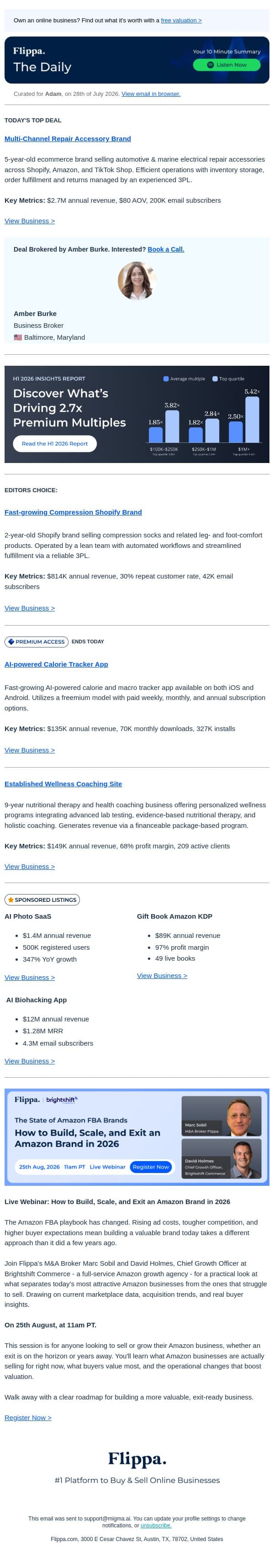 $2.7M Annual Revenue Repair Accessory Brand + More email from Flippa screenshot