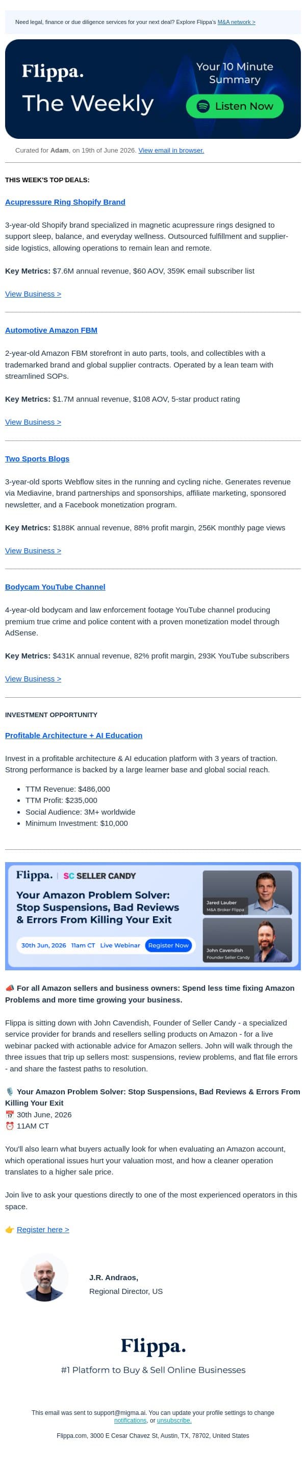 $7.6M Acupressure Ring Brand + 5-Star Automotive FBM + 88% Margin Sports Blogs email from Flippa screenshot