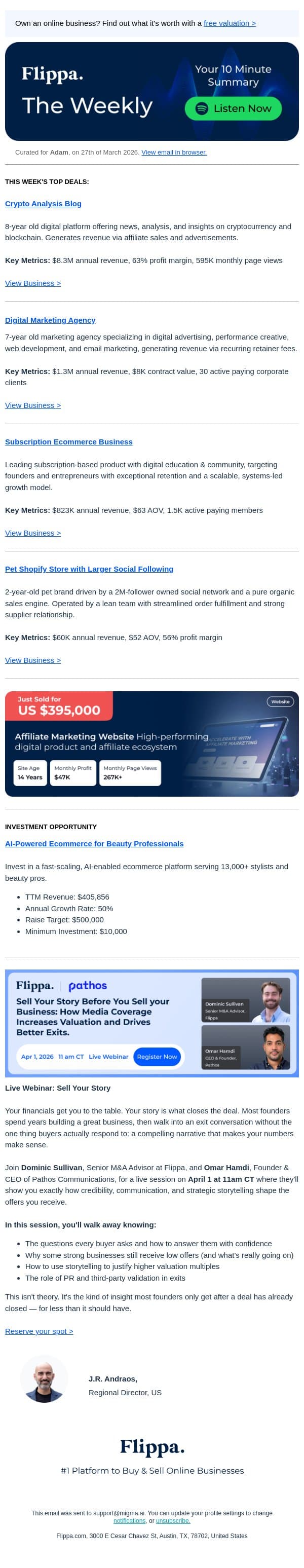 This Week's Top Deals including a Crypto Analysis Blog and more. email from Flippa screenshot