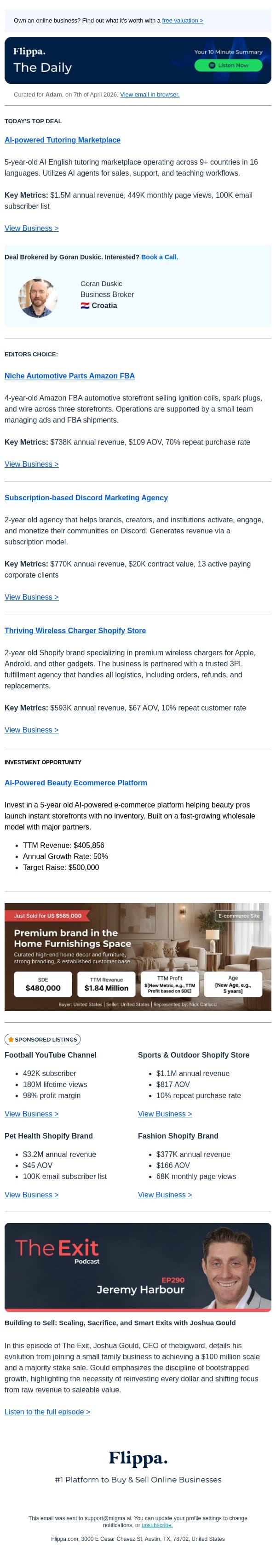 $1.5M Annual Rev AI Tutoring Marketplace email from Flippa screenshot