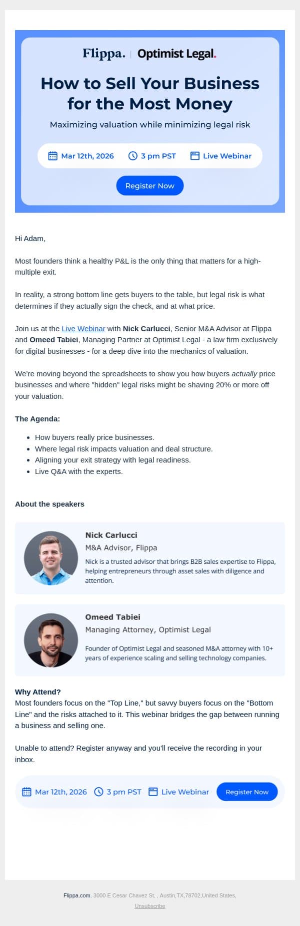 Did you miss this Webinar announcement: How to sell your business for the most money email from Flippa screenshot