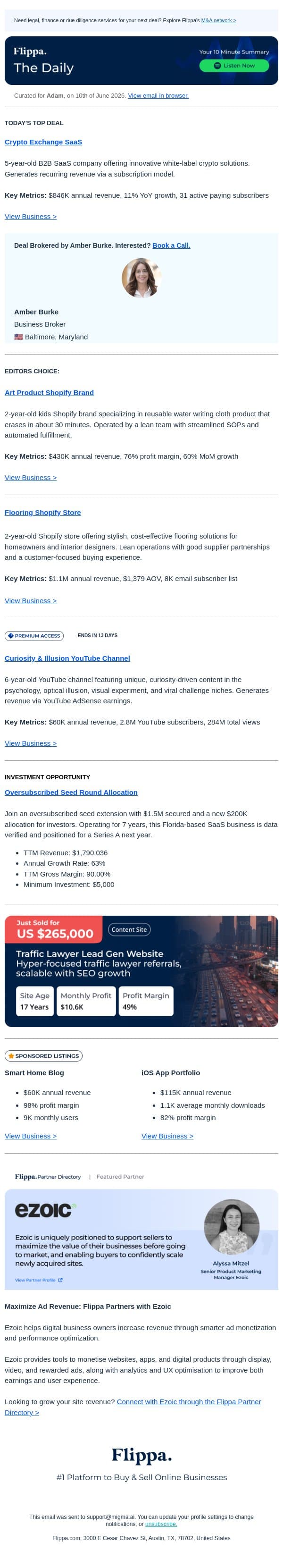 284M Views Illusion Channel + $1.1M Flooring Store + 60% Growth Art Product Brand email from Flippa screenshot