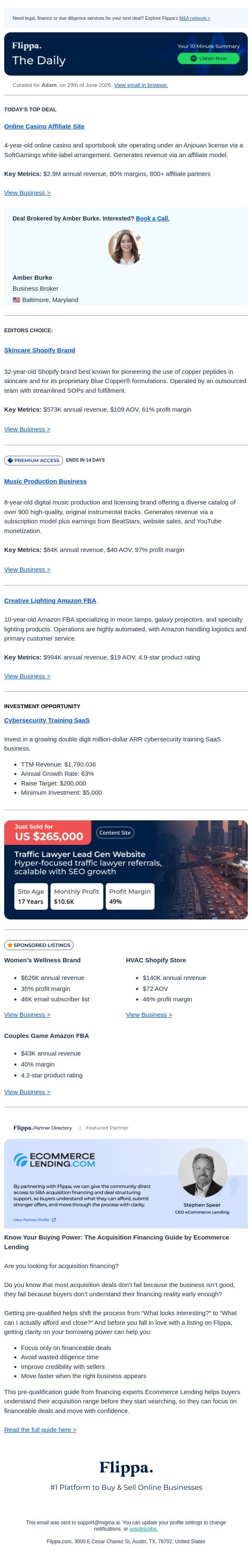 32-Yr Skincare Brand + $2.9M Online Casino + 97% Margin Music Prod Biz email from Flippa screenshot