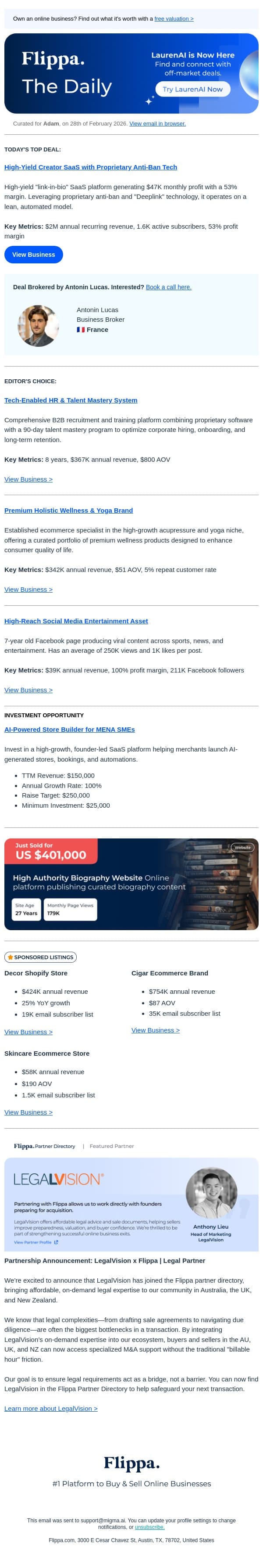 Proprietart Anti-Ban Tech SaaS + more email from Flippa screenshot