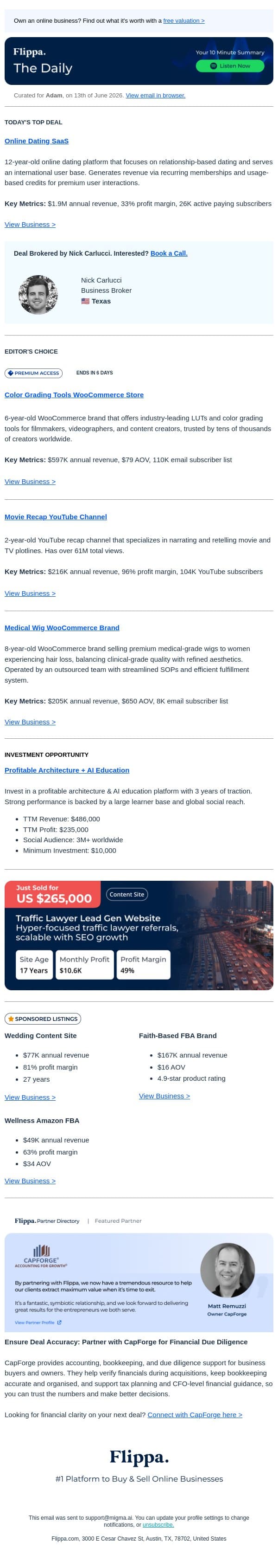 $1.9M Dating SaaS + 61M Views Movie Recap Channel + 110K Subs Color Grading Store email from Flippa screenshot