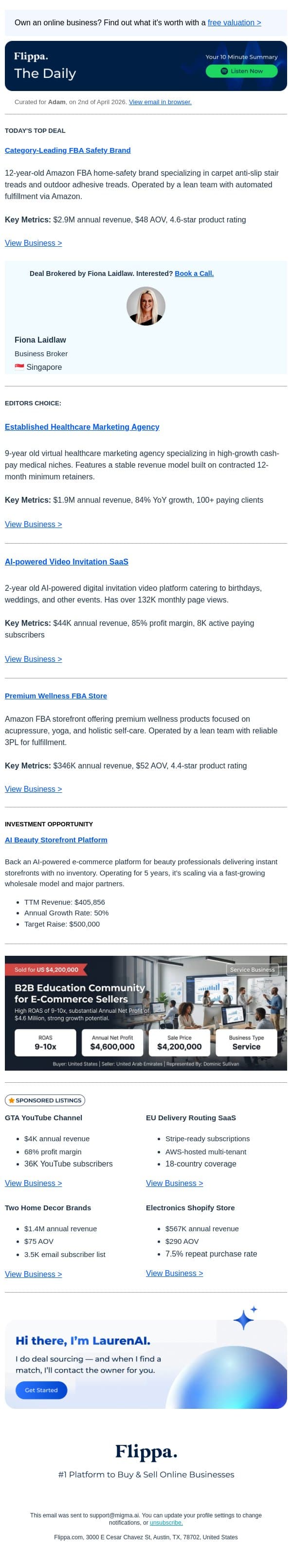 $2.9M Annual Rev FBA Safety Brand email from Flippa screenshot