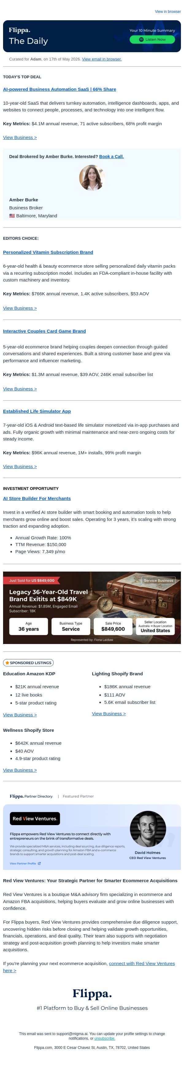 1M+ Installs Life Sim App + $4.1M Biz Automation SaaS + 246K Subs Couples Game email from Flippa screenshot