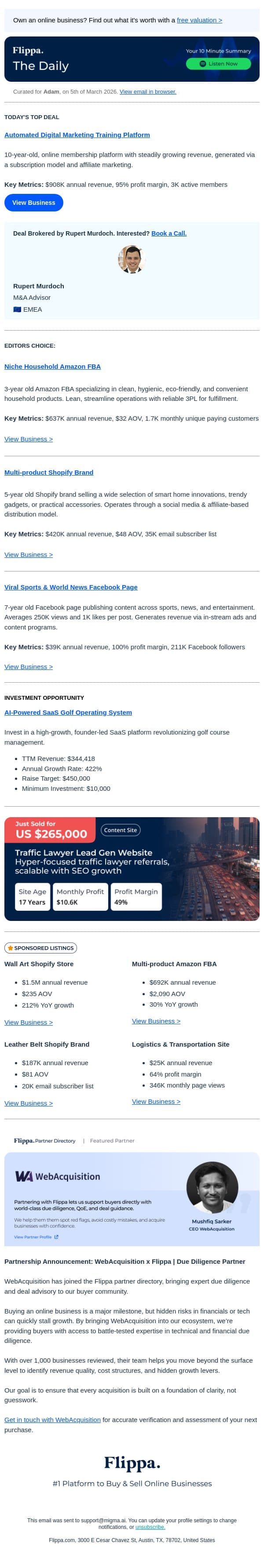 $908K Annual Rev Digital Marketing Training Platform + More email from Flippa screenshot