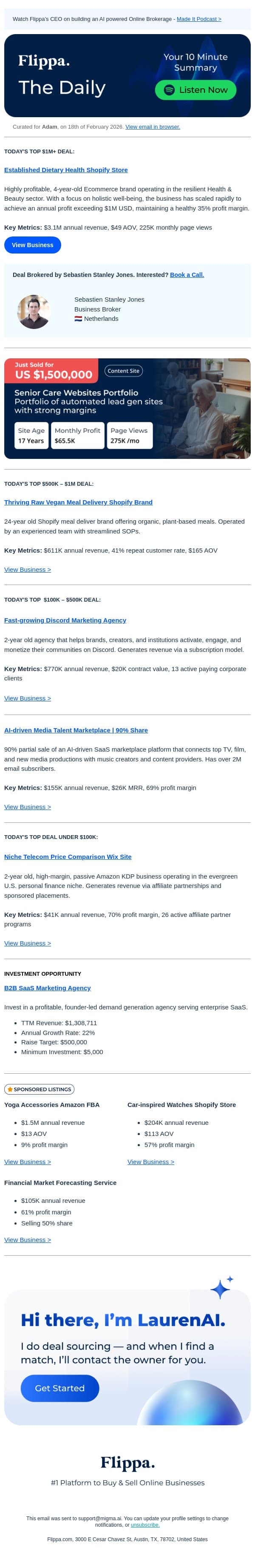 $3.1M Annual Rev Health Shopify Store + Meal Delivery Brand + Discord Marketing Agency email from Flippa screenshot