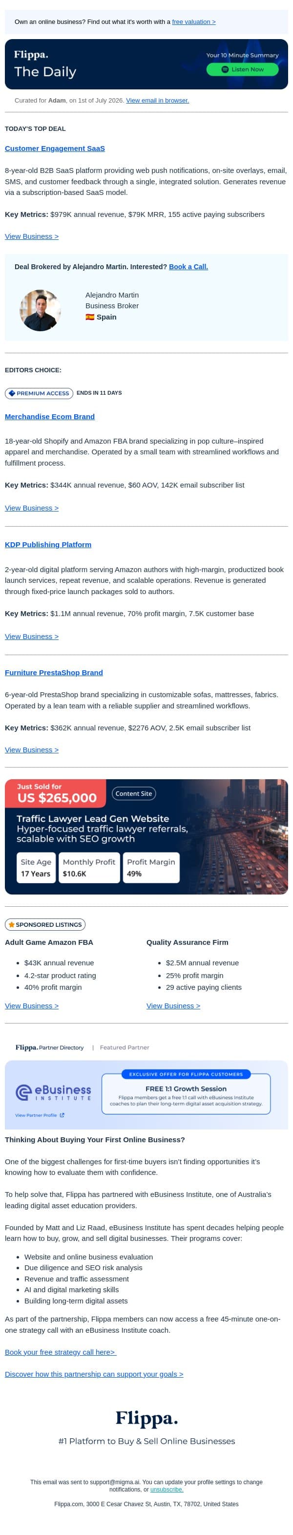 $1.1M KDP Platform + 18-Yr Merch Brand + $79K MRR Customer Engagement SaaS email from Flippa screenshot