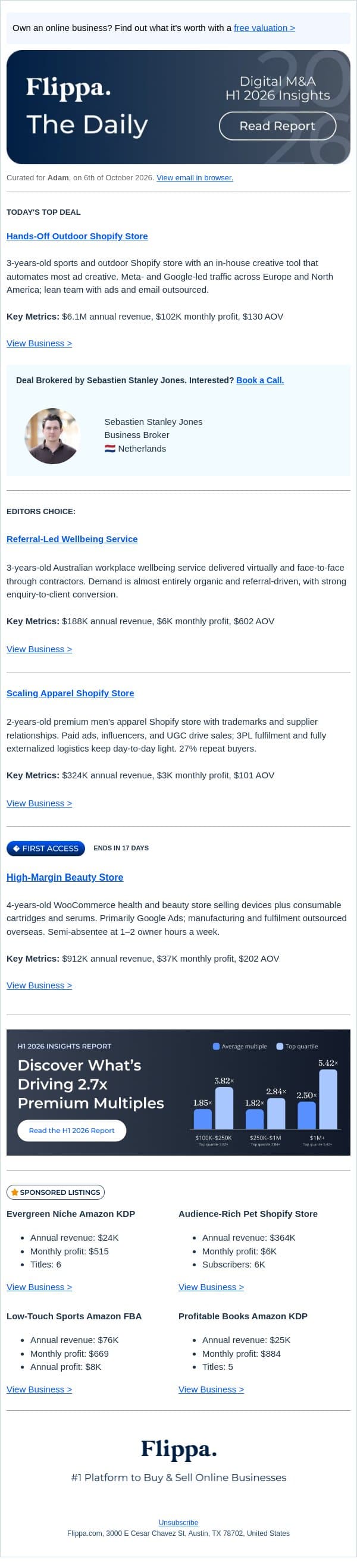$6.1M Outdoor Shopify Store + $602-AOV Wellbeing Service email from Flippa screenshot