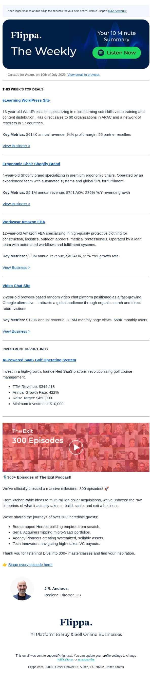 $5.1M Chair Brand + 94% Margin eLearning Site + 300th The Exit Ep! email from Flippa screenshot