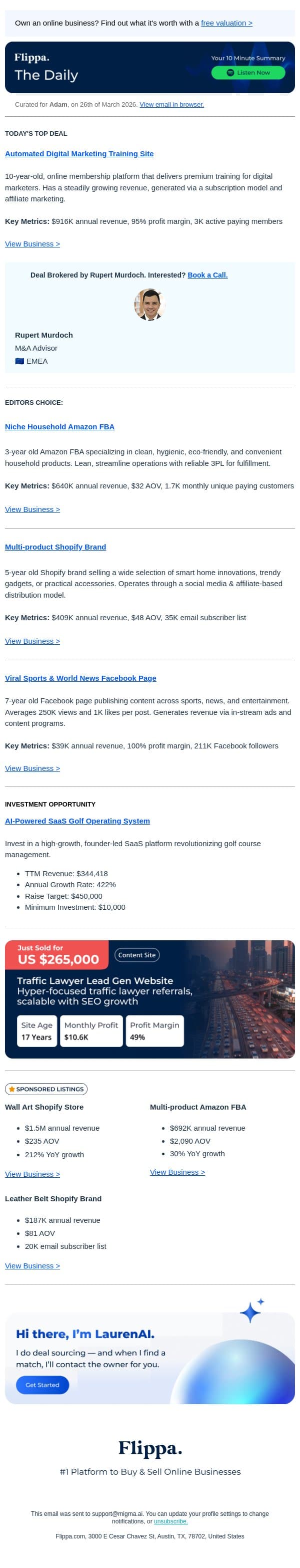 95% Profit Margin Digital Marketing Training Platform email from Flippa screenshot