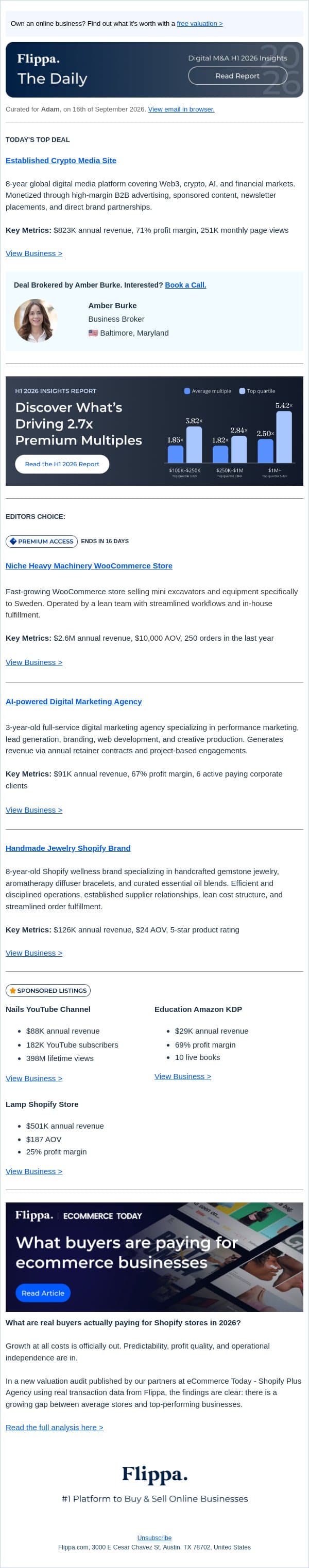 251K Views Crypto Site + $2.6M Heavy Machinery Store + 67% Margin Marketing Agency + 8-Yr Jewelry Brand email from Flippa screenshot
