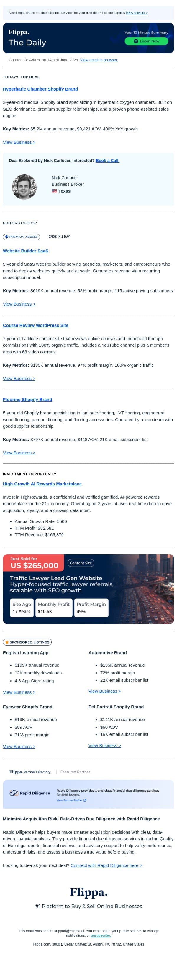 400% Growth Hyperbaric Chamber Brand + 97% Margin Course Review Site + $797K Flooring Brand email from Flippa screenshot