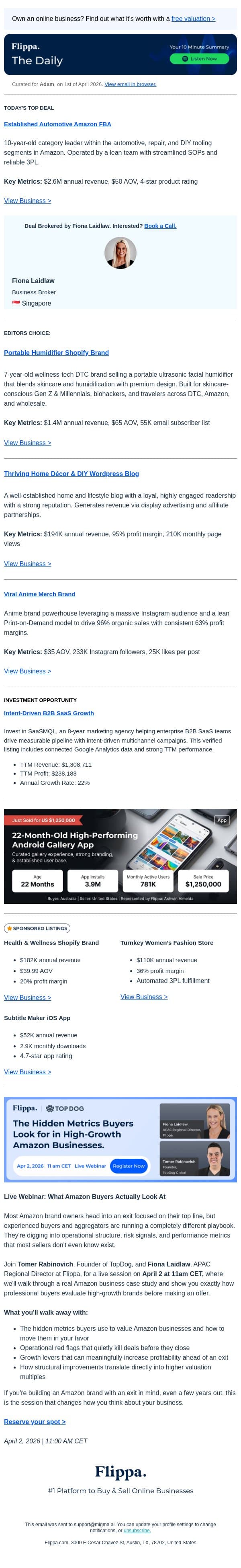 $2.6M Annual Rev Automotive Amazon FBA email from Flippa screenshot
