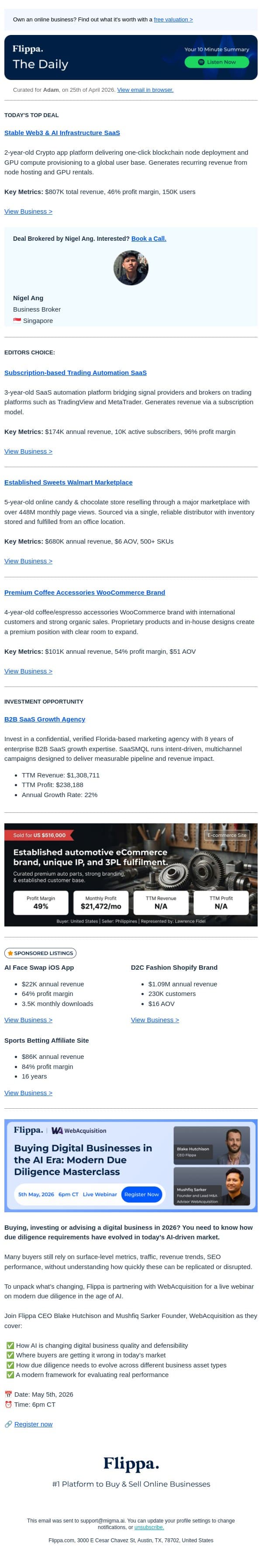 150K Users & $807K Revenue: Today’s Top SaaS Exit 🚀 email from Flippa screenshot