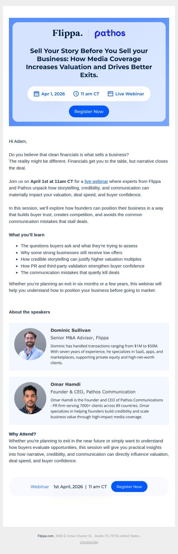 Live Webinar: Flippa & Pathos Communication - Sell Your Story Before You Sell Your Business email from Flippa screenshot