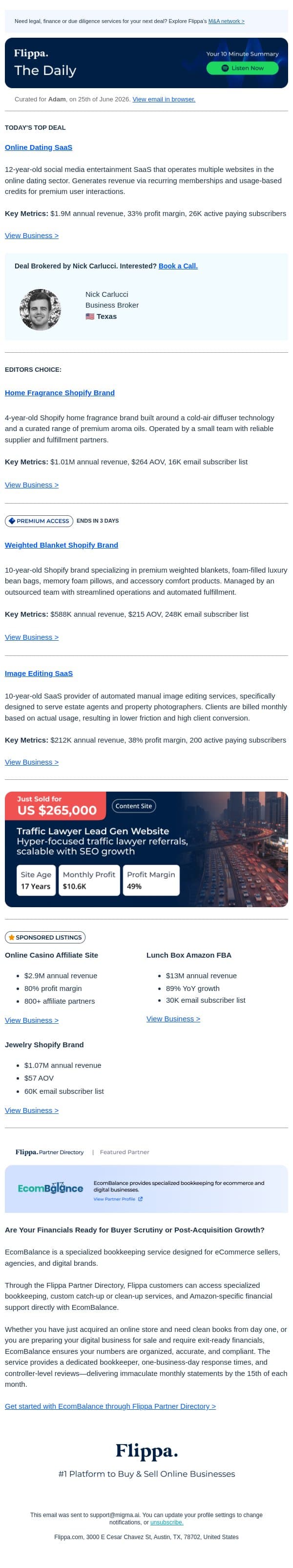 248K Subs Blanket Brand + $1.9M Dating SaaS + EcomBalance Partnership email from Flippa screenshot