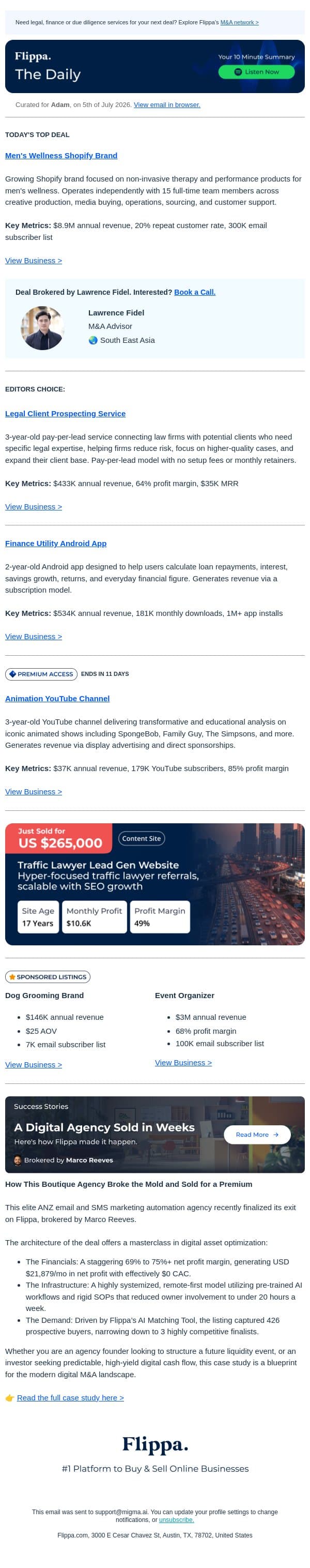 $8.9M Men's Wellness Brand + $35K MRR Client Prospecting Service + 1M Installs Finance App email from Flippa screenshot