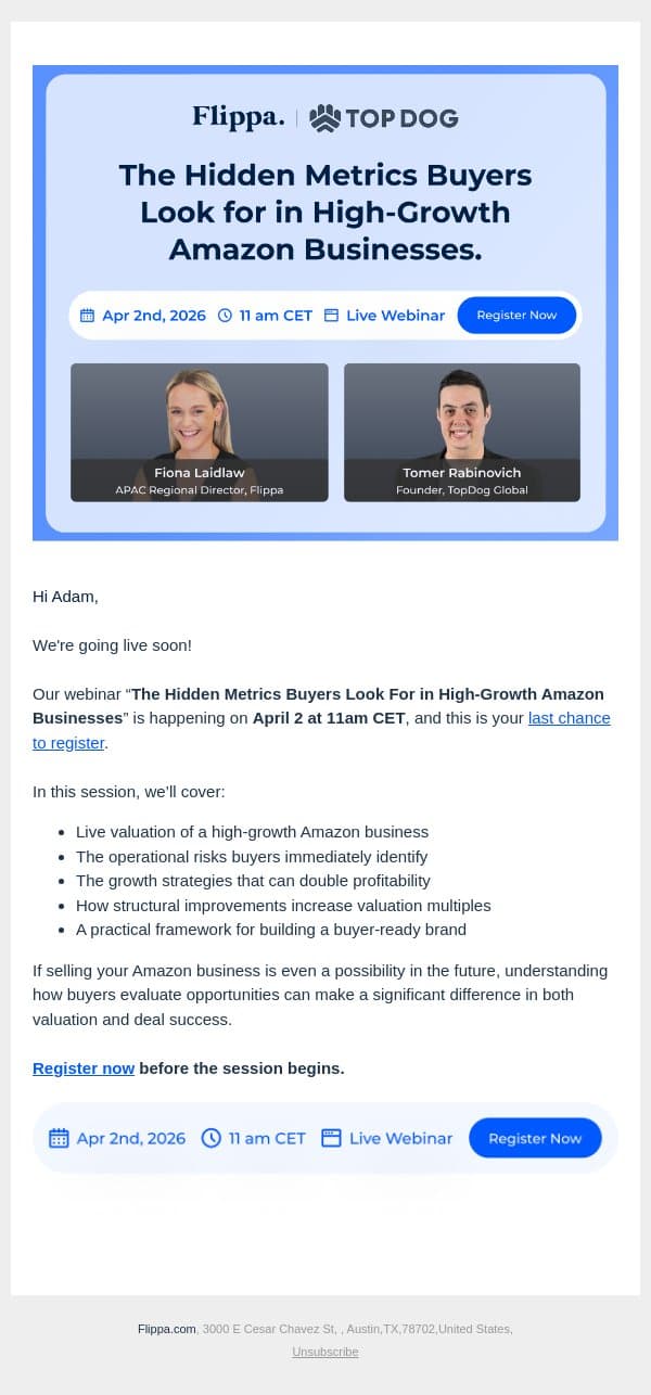 Last Change to Register: The Hidden Metrics Buyers Look For in High-Growth Amazon Businesses email from Flippa screenshot