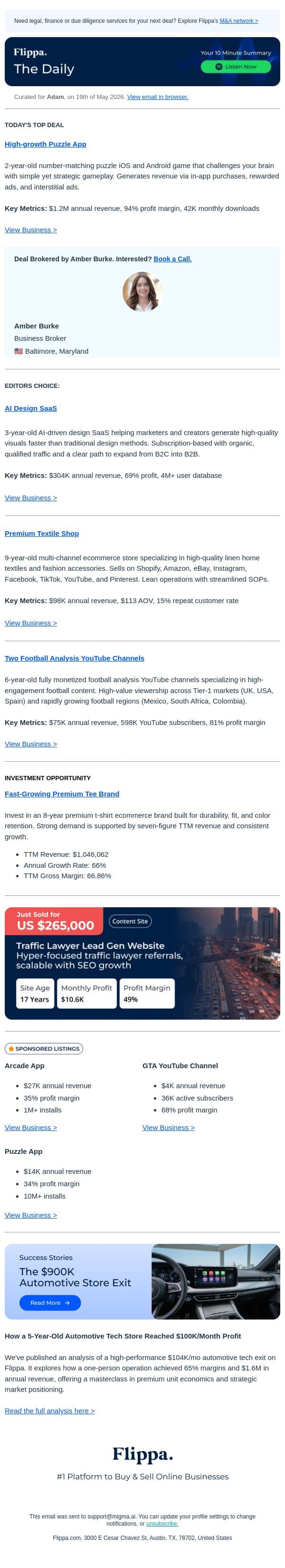 $1.2M Annual Rev Puzzle App + Design SaaS with 4M Users + 598K Subs Football YT Channel email from Flippa screenshot