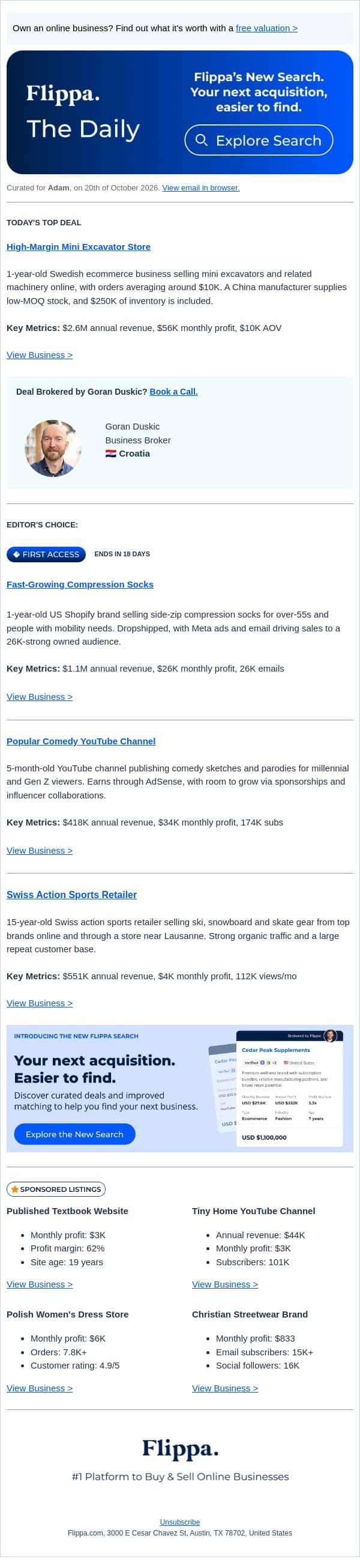 $2.6M Mini Excavator Store + Fast-Growing Compression Sock Brand email from Flippa screenshot