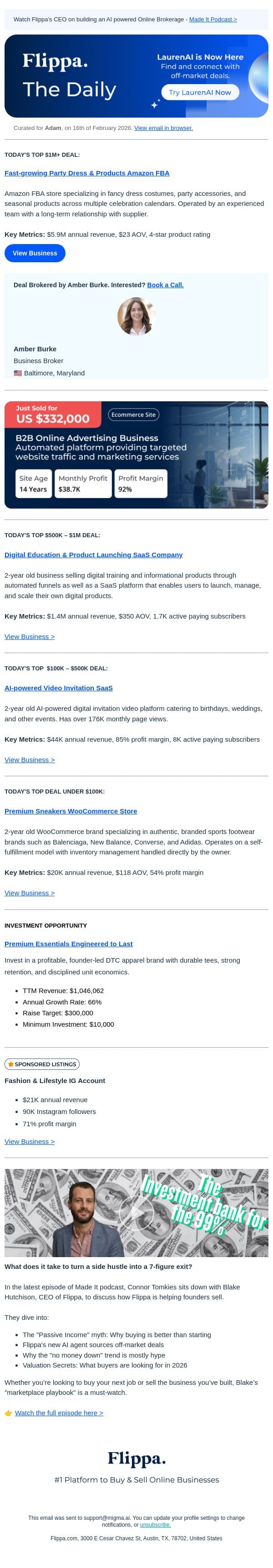 $5.9M Party Dress FBA + AI SaaS with 85% Margins email from Flippa screenshot