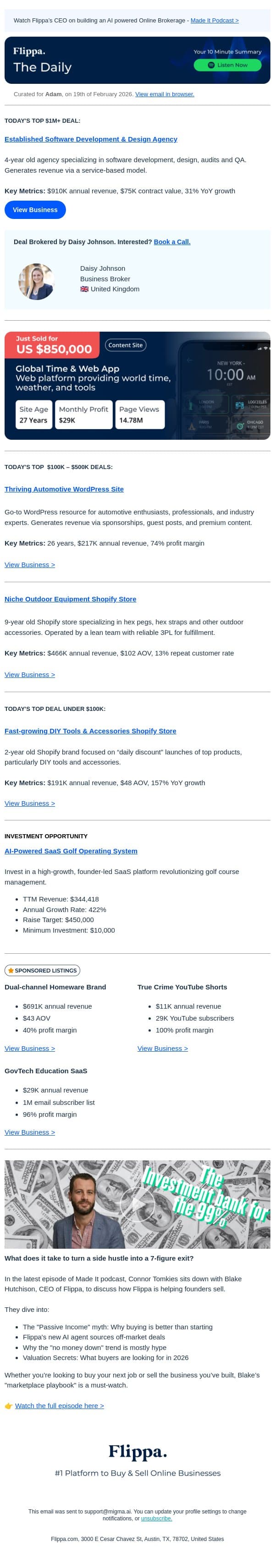 $910K Annual Rev Software & Design Agency + Automotive WordPress Blog + Outdoor Shopify Store email from Flippa screenshot
