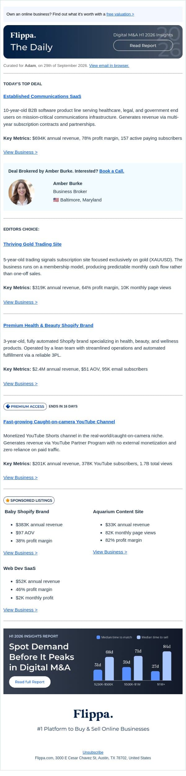 $2.4M Health & Beauty Brand + 10-Yr Communications SaaS email from Flippa screenshot