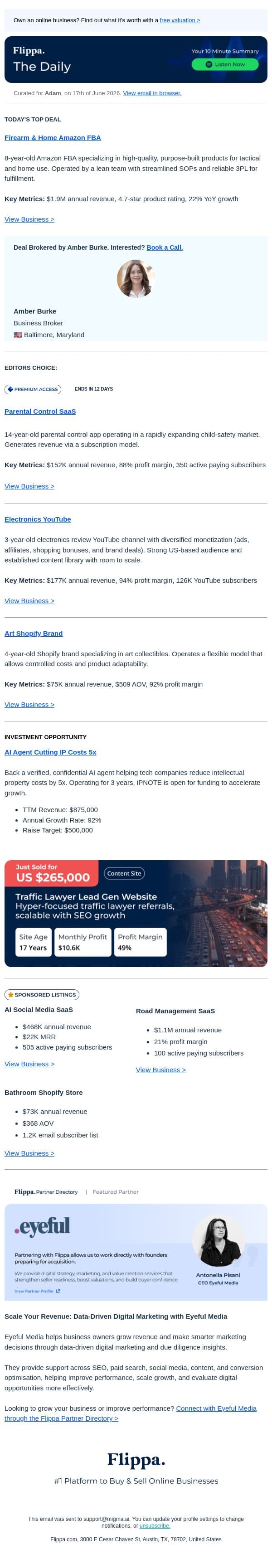 $1.9M Firearm & Home FBA + 14-Yr Parental Control SaaS + 94% Margin Electronics Channel email from Flippa screenshot