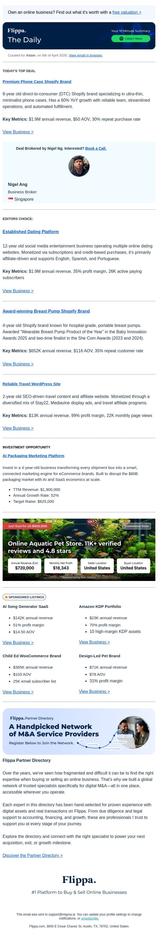 $1.9M Annual Rev Phone Case Shopify Brand email from Flippa screenshot