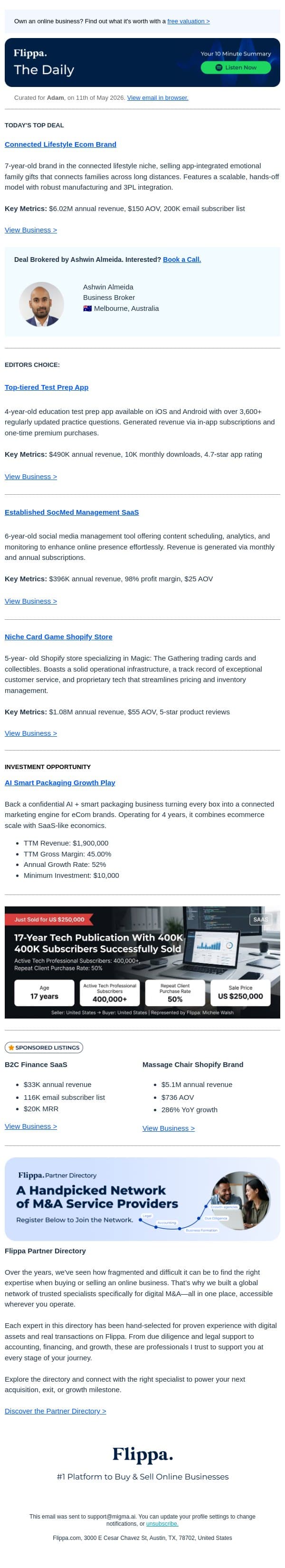 4.7-star Test Prep App + 98% Margin SocMed SaaS + $6.02M Connected Lifestyle Brand email from Flippa screenshot
