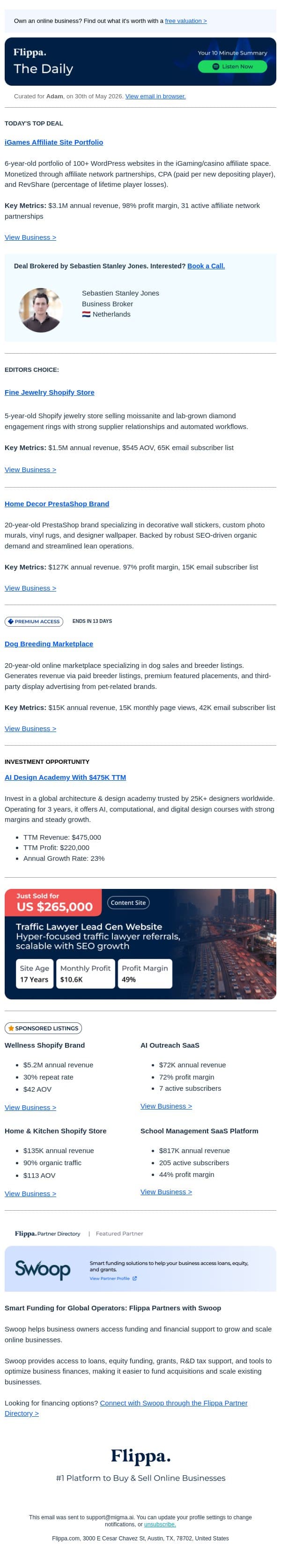 $3.1M Affiliate Site Portfolio + 97% Margin Home Decor Brand + 20-Yr Dog Breeding Marketplace email from Flippa screenshot