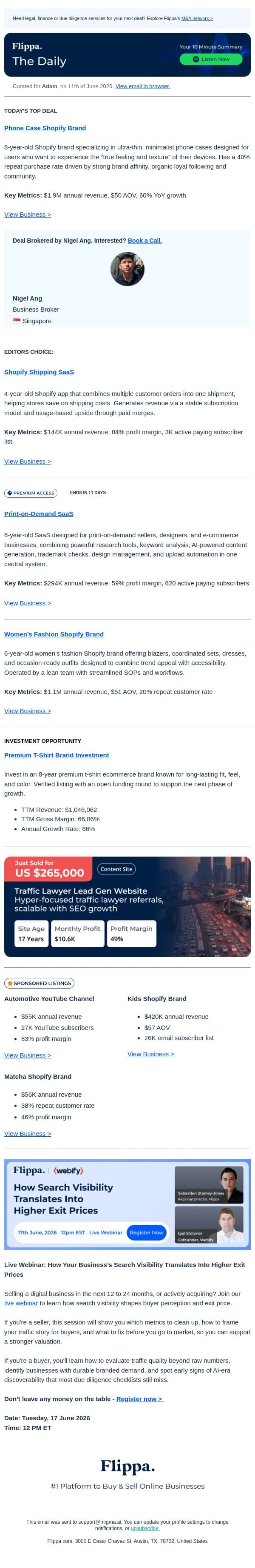 84% Margin Print-on-Demand SaaS + $1.9M Phone Case Brand + Shopify Shipping SaaS with 3K active paying subscribers email from Flippa screenshot