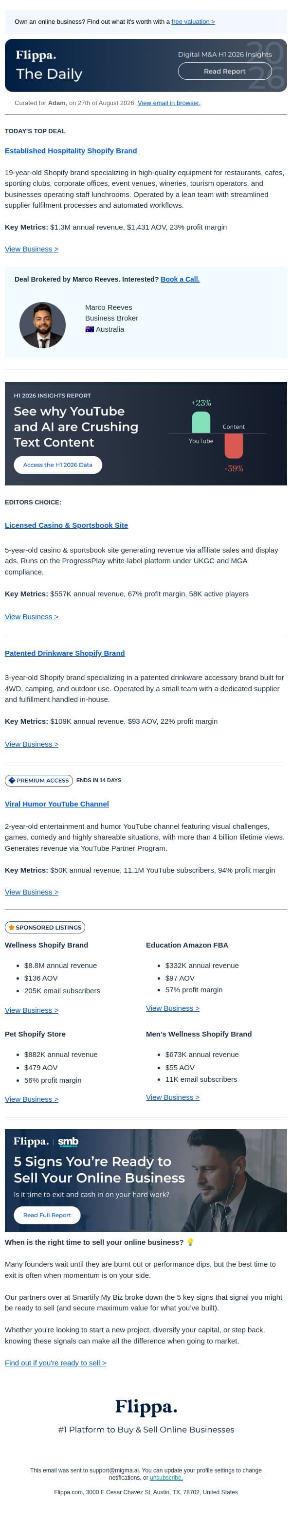 $1.3M Annual Rev Hospitality Brand + 67% Margin Casino & Sportsbook Site email from Flippa screenshot